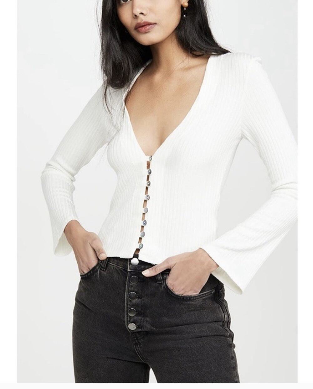 Reformation Gellar Ribbed Knit Top Bell Sleeves Women’s Sz XL White Boho Chic